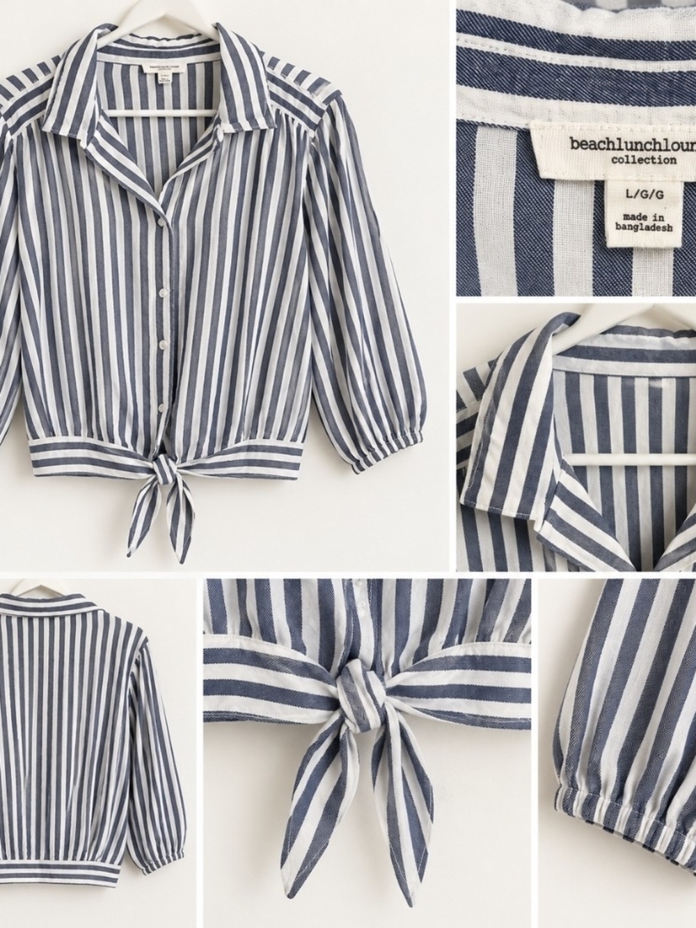 beachlunchlounge Navy and White Striped Tie-Hem Button Down Shirt